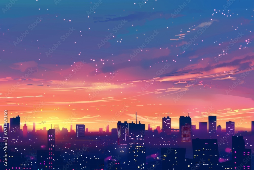 Experience the breathtaking beauty of a vibrant cityscape at sunset, as the warm glow of the city lights illuminates the colorful sky in this stunning illustration. Experience the breathtaking beauty of a vibrant cityscape at sunset, as the warm glow of the city lights illuminates the colorful sky in this stunning illustration.