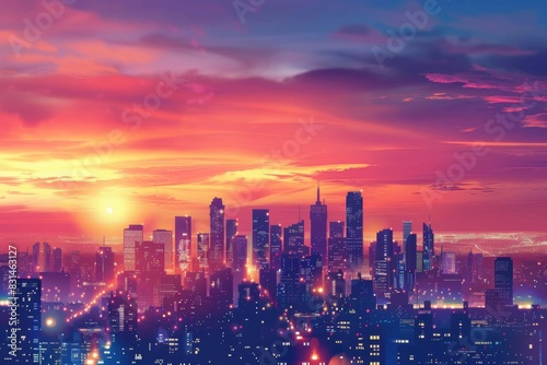 A vibrant cityscape at sunset, capturing the warm glow of the city lights against the backdrop of a colorful sky. Illustration --ar 3:2 --style raw Job ID: 5c802199-58d0-476e-a76a-90eafb92b7ee