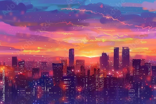 Experience the warm glow of city lights against a colorful sky in this stunning illustration of a vibrant cityscape at sunset.