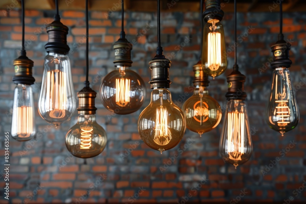 Obraz premium Variety of illuminated edison bulbs hang against a textured brick backdrop, creating a warm, industrial ambiance