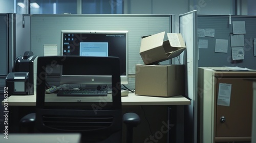 An office cubicle with personal belongings packed into a box, and a computer screen displaying a termination email. The empty chair emphasizes the departure of the employee.