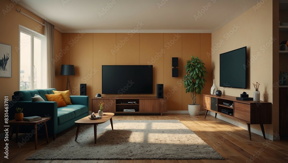 A large room with a television on a stand in the center. A large room with a television on a stand in the center.