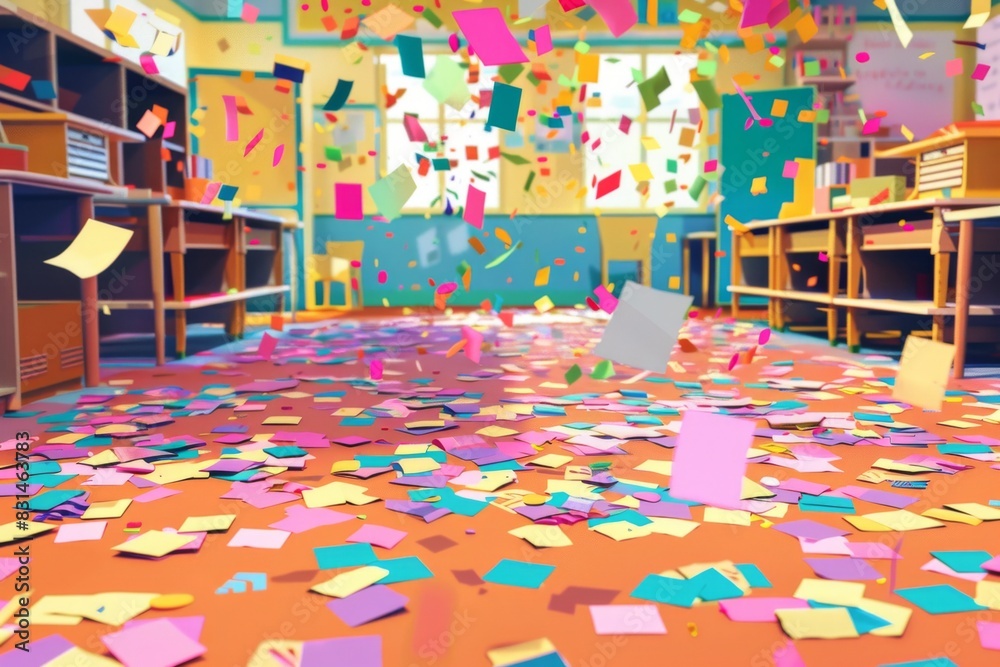 Vibrant confetti creates a festive atmosphere in a classroom setting.