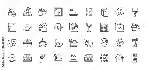 Door, Dresser and Mattress line icons pack. AI, Question and Answer, Map pin icons. Mattress guarantee, Street light, Stand lamp web icon. Paper wallpaper, Table lamp, Armchair pictogram. Vector