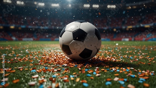 A soccer ball lies in the middle of a confetti field. The stands are jubilant over the victory of their team.
