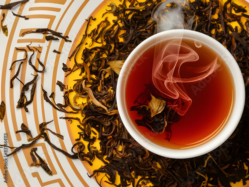 Taza de té humeante adornado con hebras