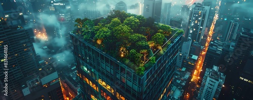 High-angle view of an eco-friendly corporate building with lush rooftop garden  vibrant logo  watercolor effect  evening ambient light enhancing green foliage  urban setting