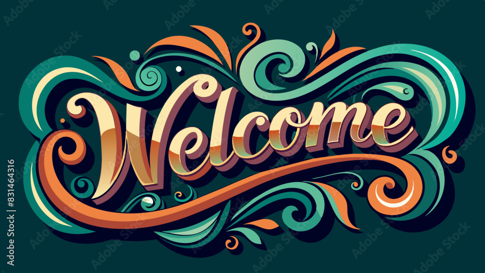 Vibrant and colorful Welcome text with dynamic swirls flourishes, set against dark background. Perfect for greeting cards, invitations, event posters, digital projects. Eye-catching, lively design Vibrant and colorful Welcome text with dynamic swirls flourishes, set against dark background. Perfect for greeting cards, invitations, event posters, digital projects. Eye-catching, lively design