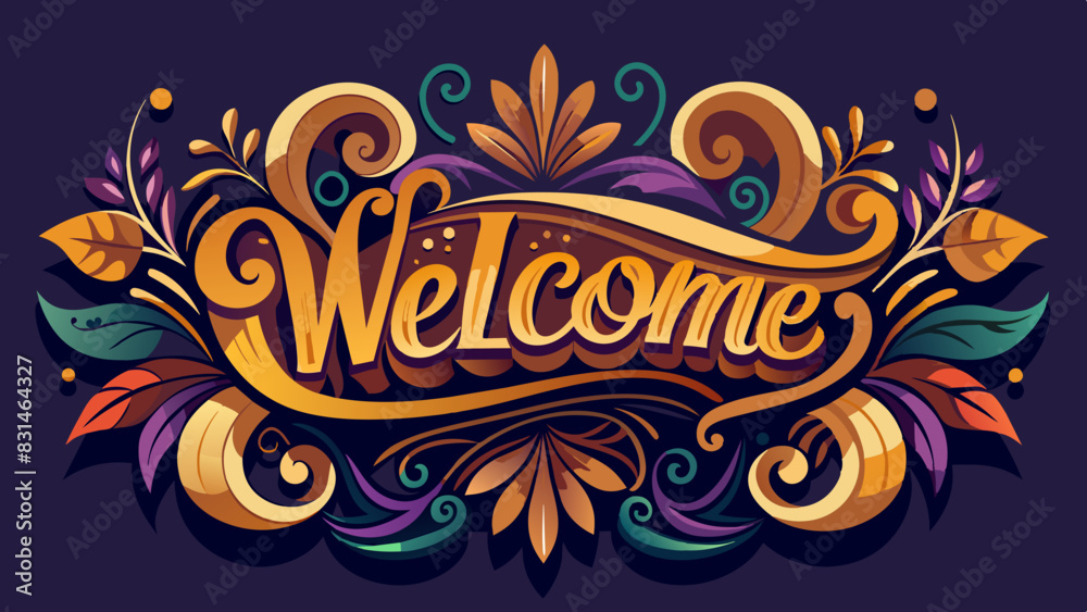 Vibrant and colorful Welcome text with dynamic swirls flourishes, set against dark background. Perfect for greeting cards, invitations, event posters, digital projects. Eye-catching, lively design Vibrant and colorful Welcome text with dynamic swirls flourishes, set against dark background. Perfect for greeting cards, invitations, event posters, digital projects. Eye-catching, lively design