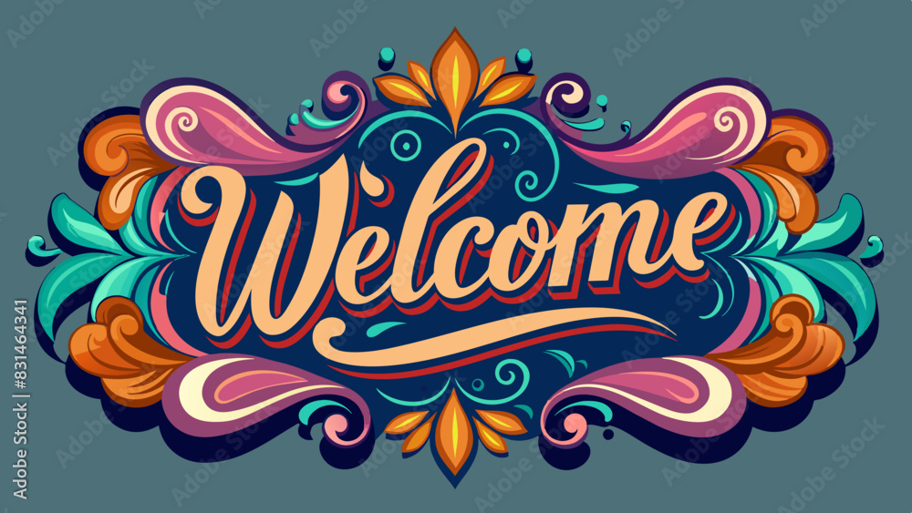 Vibrant and colorful Welcome text with dynamic swirls flourishes, set against dark background. Perfect for greeting cards, invitations, event posters, digital projects. Eye-catching, lively design