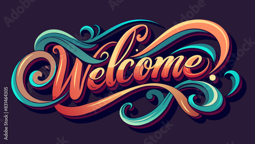 Vibrant and colorful Welcome text with dynamic swirls flourishes, set against dark background. Perfect for greeting cards, invitations, event posters, digital projects. Eye-catching, lively design