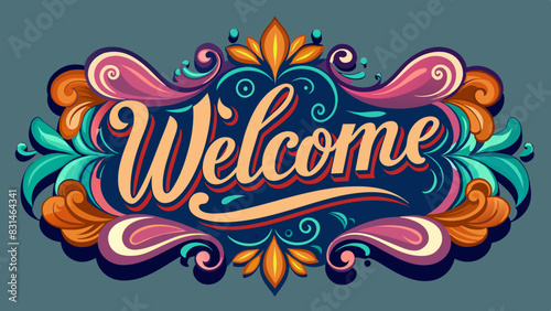 Vibrant and colorful Welcome text with dynamic swirls flourishes, set against dark background. Perfect for greeting cards, invitations, event posters, digital projects. Eye-catching, lively design