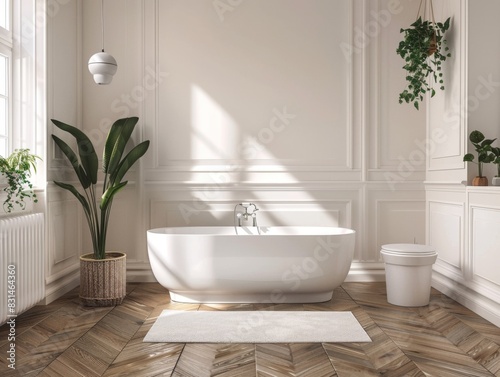 A bathroom with a white bathtub  toilet  and plants. The room is clean and well-lit  creating a calm and relaxing atmosphere