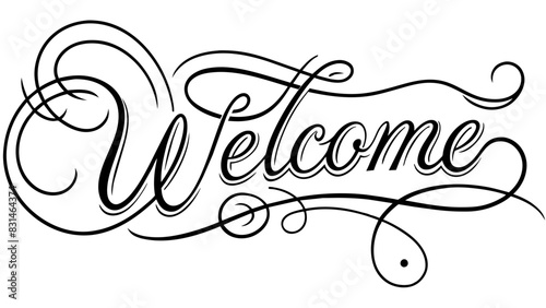 Elegant calligraphic Welcome text with intricate swirls, flourishes, perfect for greeting cards, invitations, signage, digital projects. Black and white design, suitable for various styles, themes