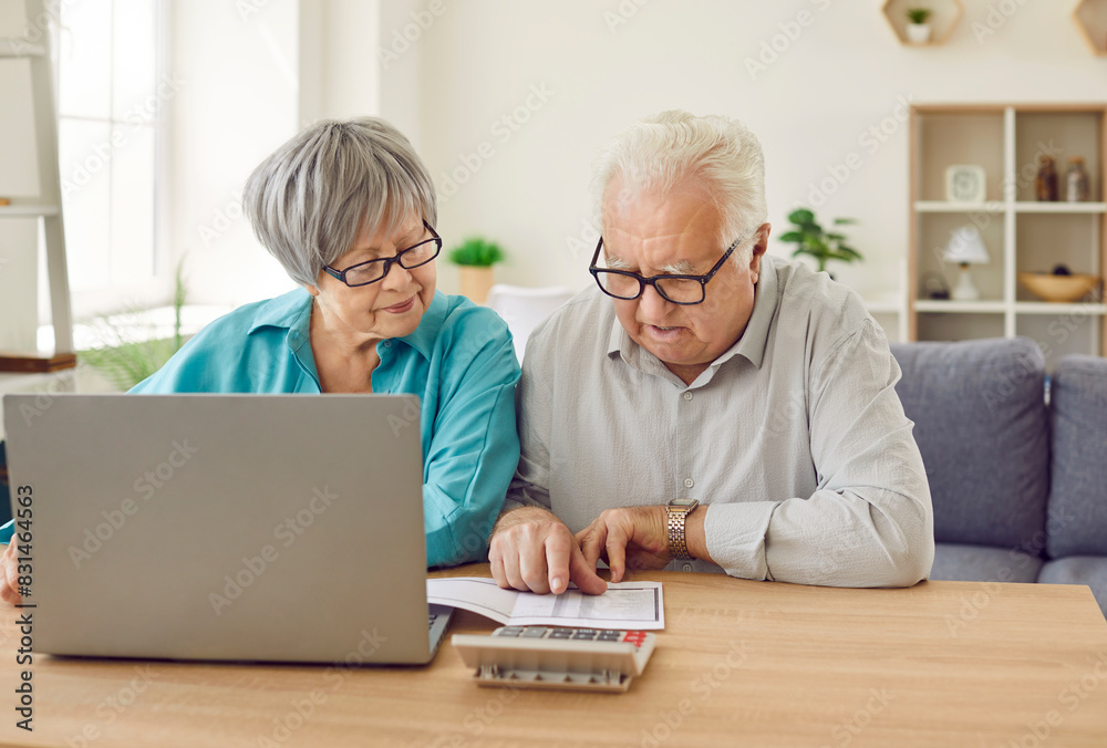 Senior couple sitting at the table with laptop looking at the bills calculating finances or taxes at home. Elderly retired man and woman counting income and profit. Pension calculation concept.