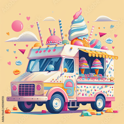 A lively drawing of an ice cream truck embellished with a variety of treats and confections, framed by a light yellow background.