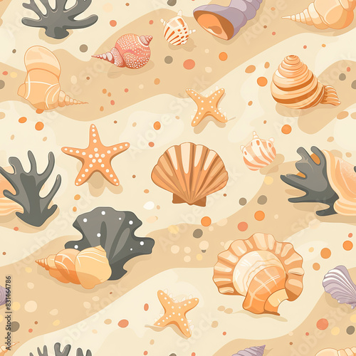 Illustration of a seamless pattern featuring various seashells and starfish scattered on sandy background, creating a beach-themed design.