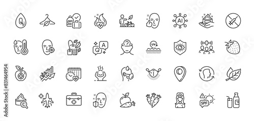 Milk  Healthy face and Cardio calendar line icons pack. AI  Question and Answer  Map pin icons. Skin care  Training results  Medical food web icon. Vector