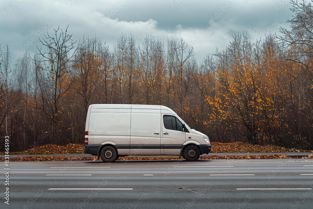 Mockup of a white car, van with empty space on the road, delivery advertisement