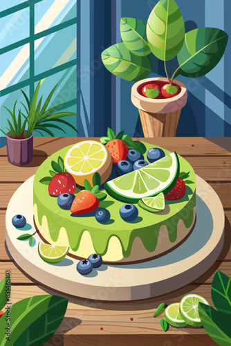 An avocado cheesecake decorated with lime slices and berries on wooden board