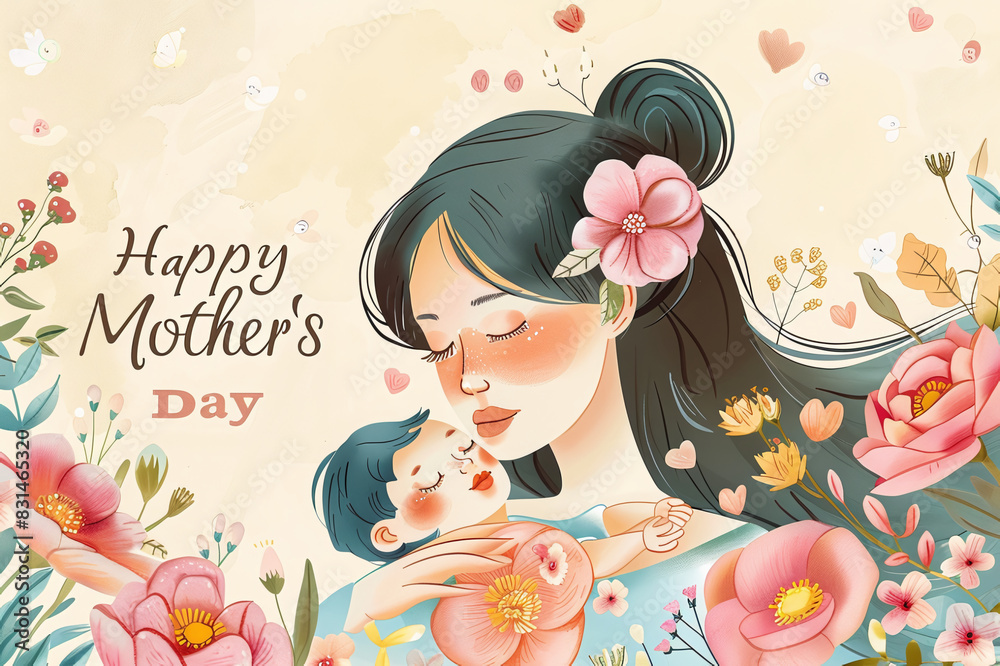 Illustration of mother with baby, happy mother's day greeting picture Illustration of mother with baby, happy mother's day greeting picture