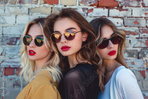 Three girls of model appearance in sunglasses at a photo shoot against the backdrop of a brick wall