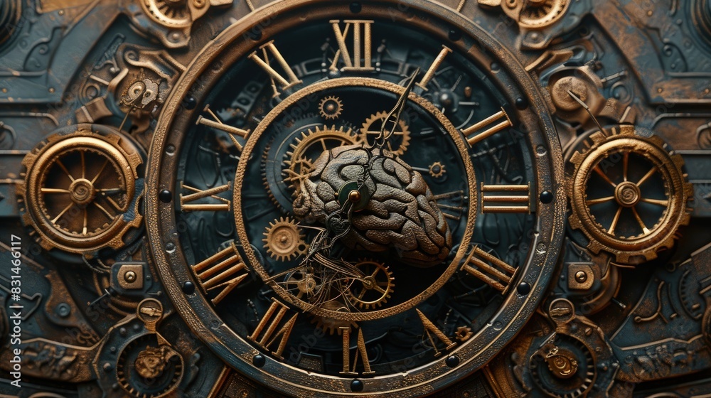 3D brain model attached to a classic clock with intricate carvings, featuring a futuristic aesthetic with vintage colors and intricate neural pathways 3D brain model attached to a classic clock with intricate carvings, featuring a futuristic aesthetic with vintage colors and intricate neural pathways