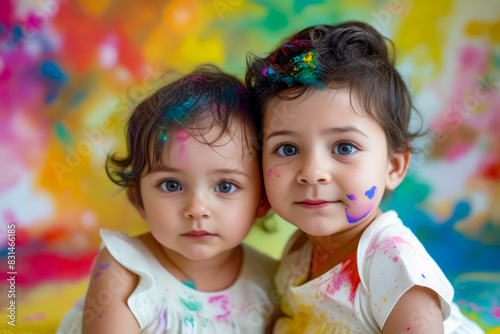 Two little girls are posing for picture with their faces covered in paint.