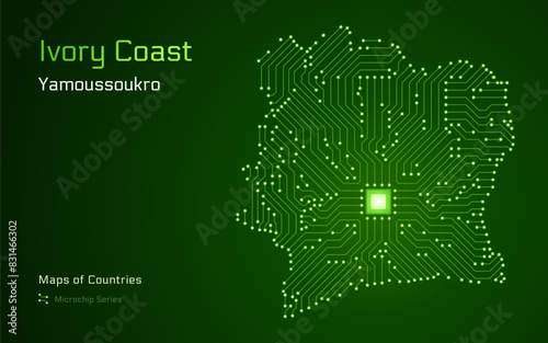 Ivory Coast Map with a capital of Yamoussoukro Shown in a Microchip Pattern with processor. E-government. World Countries vector maps. Microchip Series	
 photo