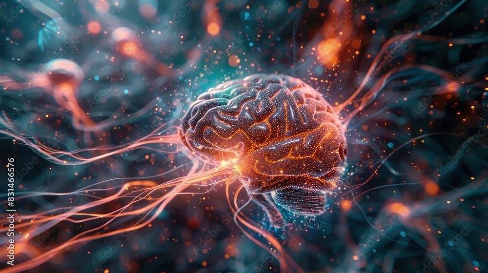 Obraz premium 3D brain model featuring a futuristic aesthetic with vibrant colors and intricate neural pathways