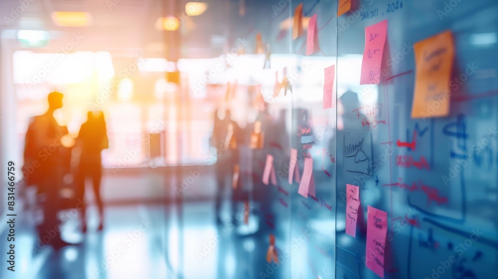 Blurred office environment with sticky notes on a glass wall and people in the background. Overworking and project planning stress. Blurred office environment with sticky notes on a glass wall and people in the background. Overworking and project planning stress.