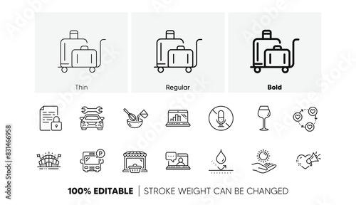 Bus parking, Waterproof and Sun protection line icons. Pack of Car, Online market, No microphone icon. Friends community, Lock, Bordeaux glass pictogram. Luggage trolley, Friends chat. Vector