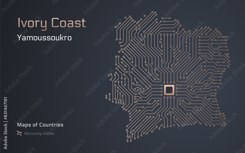 Ivory Coast Map with a capital of Yamoussoukro Shown in a Microchip Pattern with processor. E-government. World Countries vector maps. Microchip Series
Ivory Coast Map with a capital of Yamoussoukro Shown in a Microchip Pattern with processor. E-government. World Countries vector maps. Microchip Series