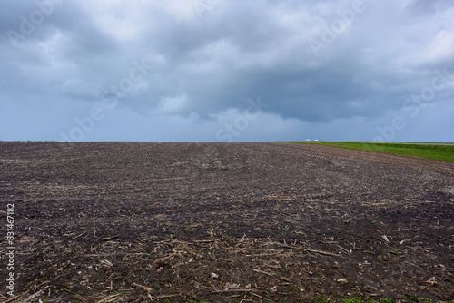 A plowed, sown field on a cloudy spring day. Field near the highway.