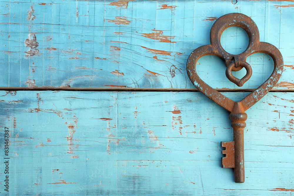 Heart and key on white wooden background Heart and key on white wooden background