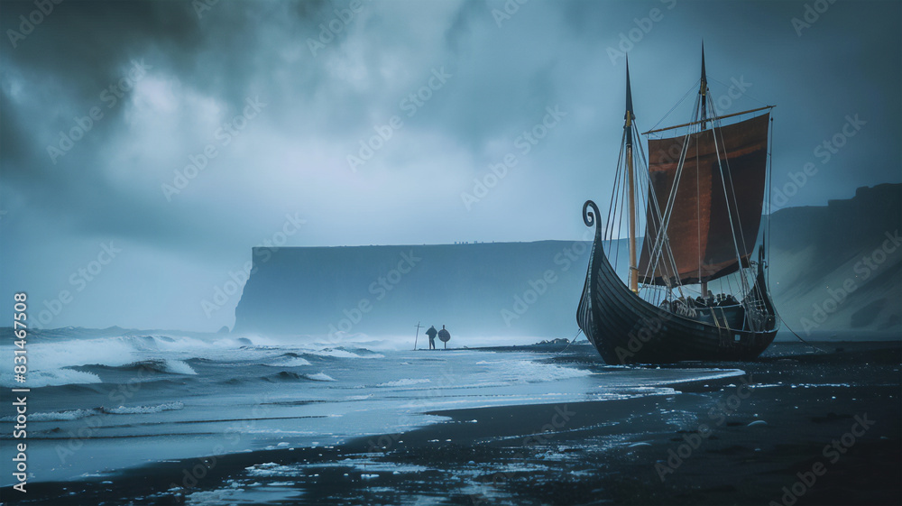 Obraz premium A Viking boat on the coast of the Nordic countries. black sand, overcast sky. the history of the Nordic peoples.