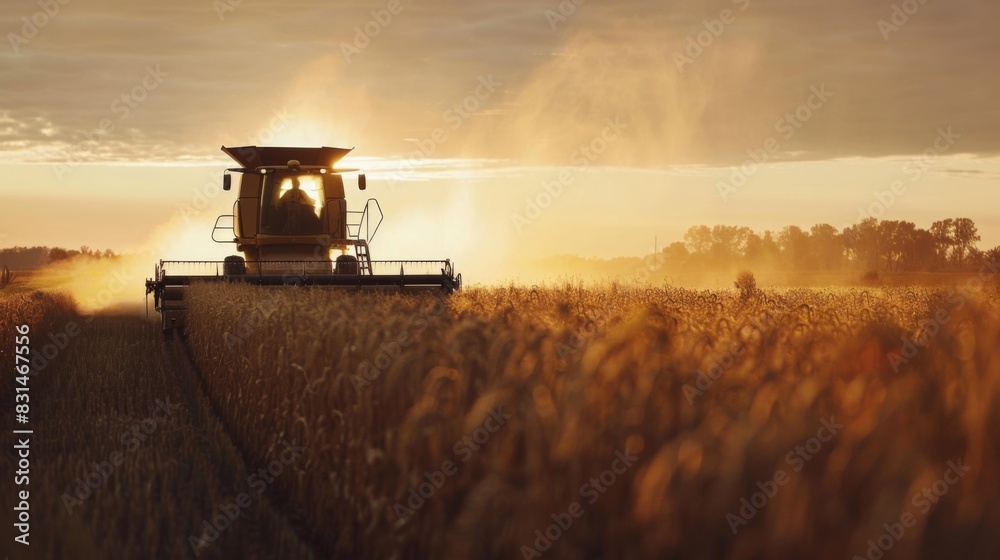Fototapeta premium A combine truck driving through a wheat field during the harvest season, collecting mature crops.