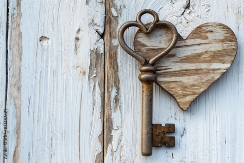 Heart and key on white wooden background	