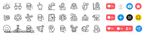 Psychology, Leadership and Repairman line icons pack. Social media icons. Conversation messages, Nurse, Sunny weather web icon. Time hourglass, Teamwork, Food delivery pictogram. Vector