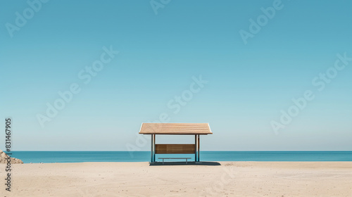 A beach hut sits on the beach  with the ocean in the background