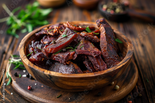 jerked meat, cow, deer, wild beast or biltong in wooden bowls on a rustic table	