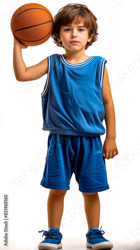 Young boy in blue basketball uniform holding basketball in one hand and basketball in the other.