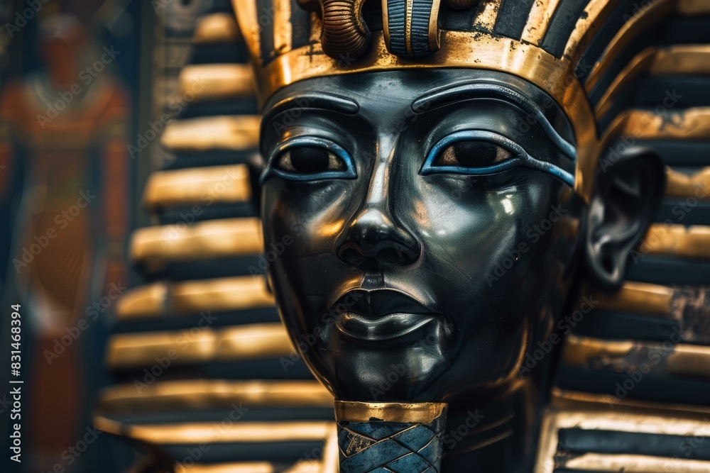 Detailed view of a replica of an egyptian pharaoh's burial mask with intricate designs Detailed view of a replica of an egyptian pharaoh's burial mask with intricate designs