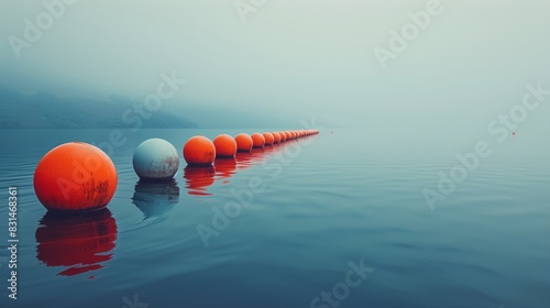 A row of orange and white buoys floating on top of a body of water