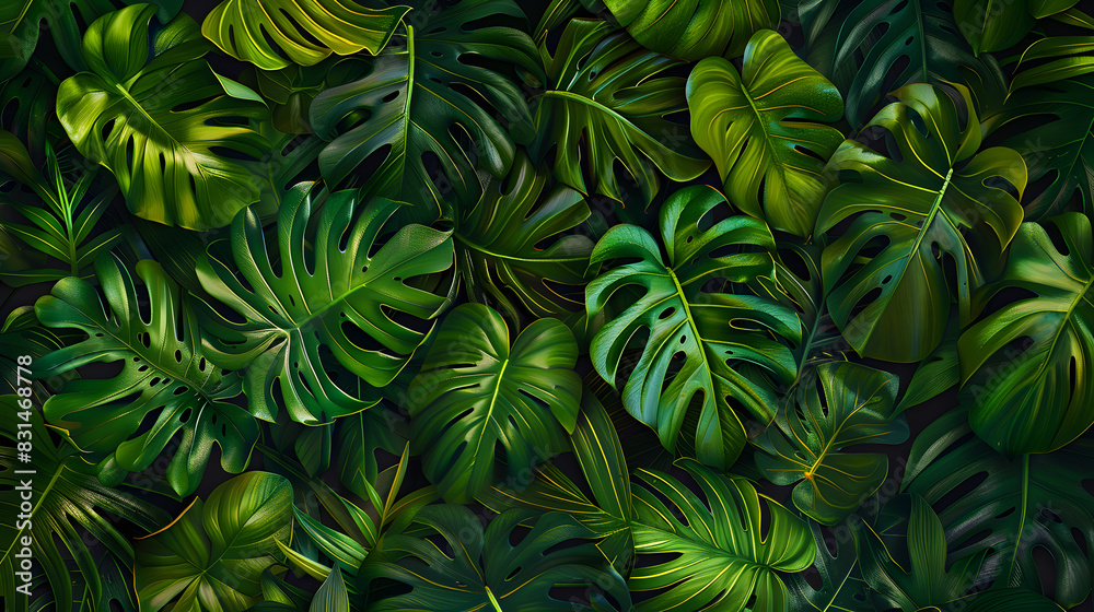 Tropical leaves texture, abstract nature background concept with large green leaf for banner design. Generated AI 