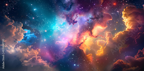 Colorful nebula and space clouds in the universe, fantasy illustration, space background with stars, galaxy and colorful nebulars. High detailed vector art, high resolution. Generated AI. photo