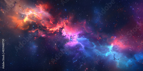 Colorful nebula and space clouds in the universe, fantasy illustration, space background with stars, galaxy and colorful nebulars. High detailed vector art, high resolution. Generated AI. © Julio