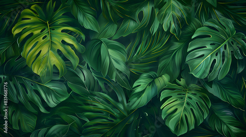 Tropical leaves texture, abstract nature background concept with large green leaf for banner design. Generated AI 