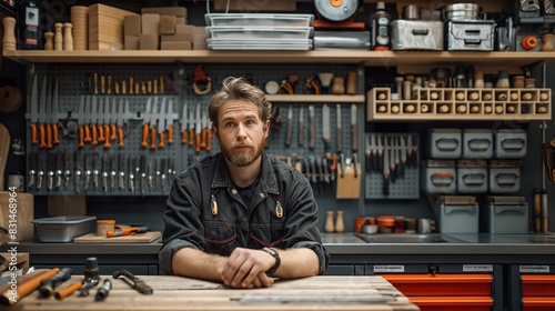 Craftsman workshop woodworking A skilled craftsman meticulously arranging tools and wooden pieces in a well-organized workshop, showcasing the precision and artistry of woodworking commercial