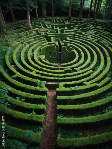 Mysterious green labyrinth tucked away in the depths of an ancient woodland, promising an intriguing journey through nature's maze.
